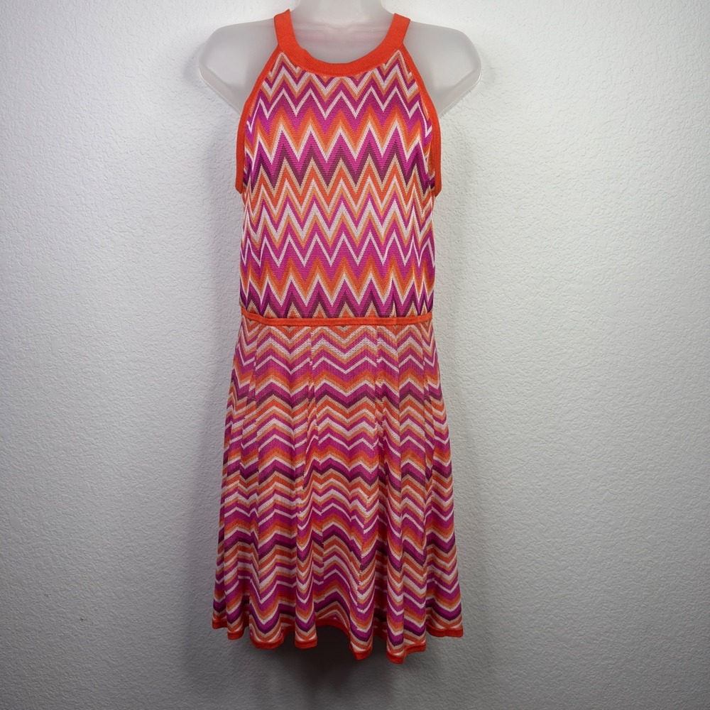 Trina Turk Dress S‎ Colorful Chevron Knit Fit Flare Retro Mod Vacation Resort
